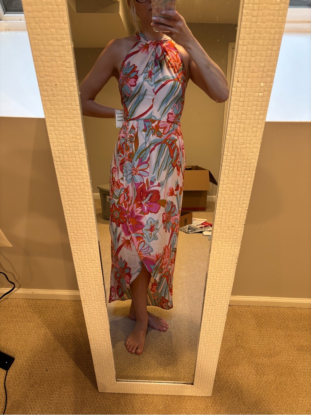 NWT Nordstrom Floral Halter Midi Dress in Pink, Coral and Green - Picture 2 of 7
